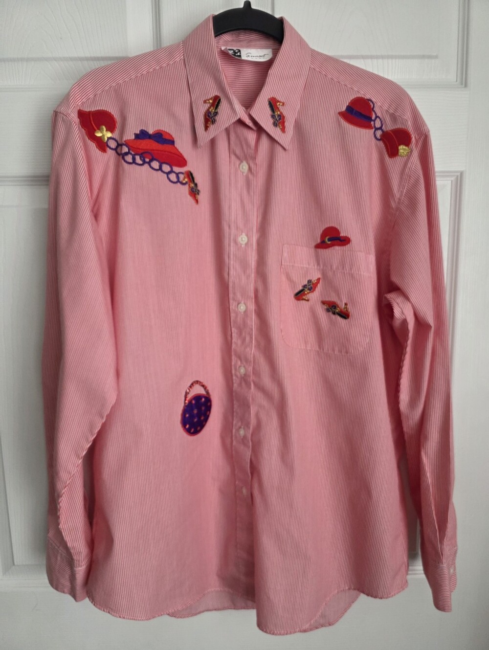 VTG Red Hat Society Red White Stripe Button Down Multiple Motifs Size M